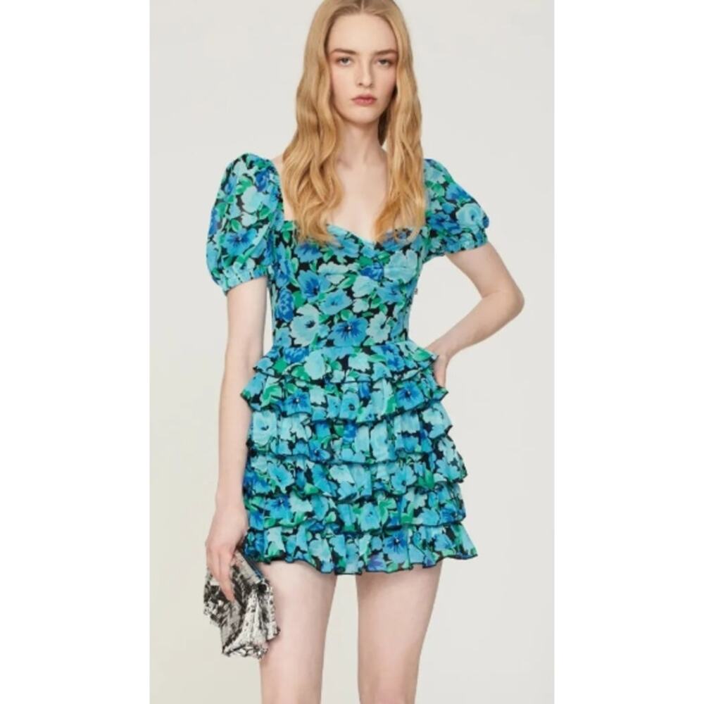 Rotate Ruffle Ibiza Blue Combo Floral Mini dress Size 8